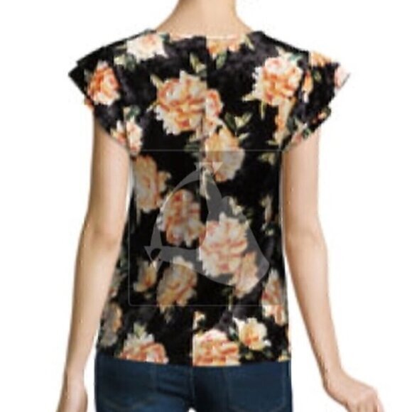 A.N.A Velvet Ruffle Tee Black Orange Floral Velour Short Flutter Sleeve Blouse L - Picture 3 of 10